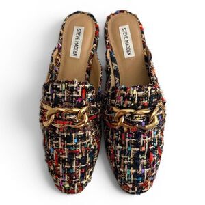 Steve Madden Cassady Loafer Mule In Multicolor Tweed with Chain, NEW! Size 9.5